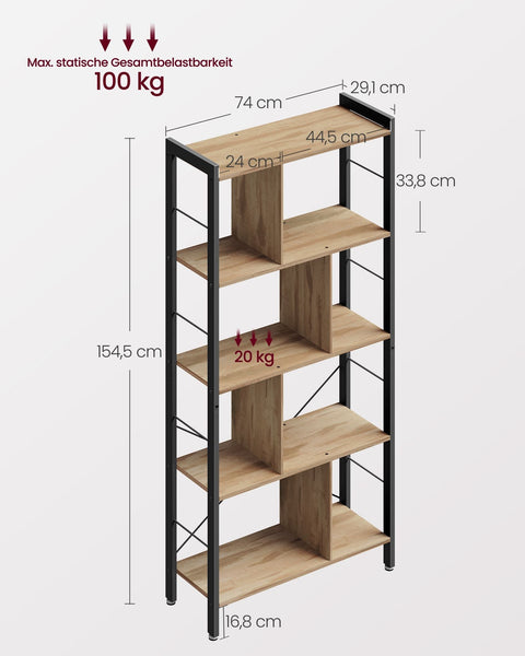 Rootz 5 Level Shelf - Bookcase - Storage Rack - Durable Metal Frame - 30cm x 74cm x 154.5cm - Brown - Black