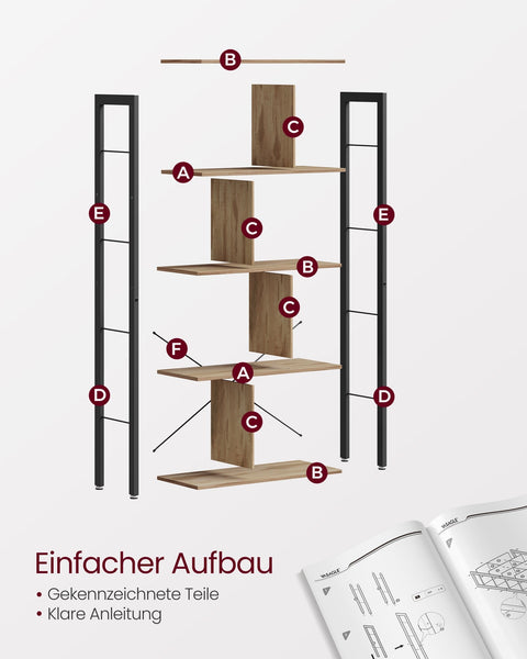 Rootz 5 Level Shelf - Bookcase - Storage Rack - Durable Metal Frame - 30cm x 74cm x 154.5cm - Brown - Black