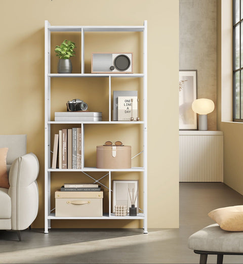 Rootz 5 Level Shelf - Bookcase - Storage Rack - Durable Metal Frame - White - 30cm x 74cm x 154.5cm
