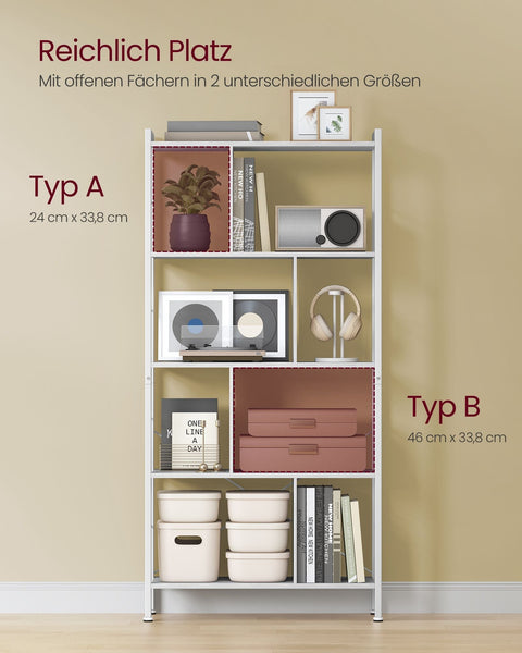Rootz 5 Level Shelf - Bookcase - Storage Rack - Durable Metal Frame - White - 30cm x 74cm x 154.5cm