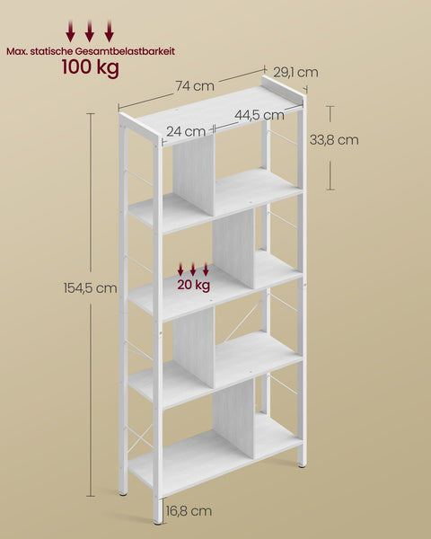 Rootz 5 Level Shelf - Bookcase - Storage Rack - Durable Metal Frame - White - 30cm x 74cm x 154.5cm