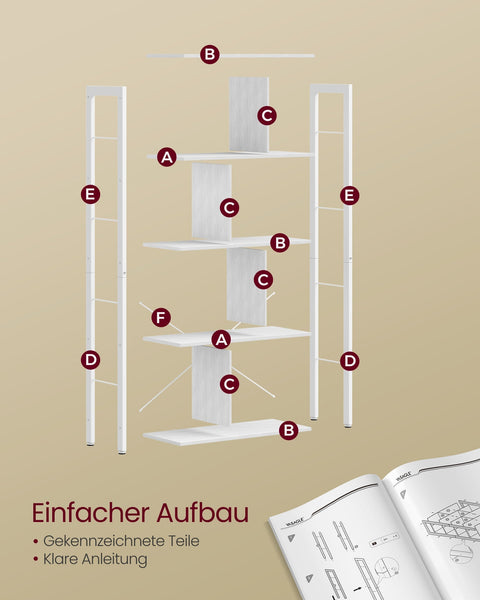 Rootz 5 Level Shelf - Bookcase - Storage Rack - Durable Metal Frame - White - 30cm x 74cm x 154.5cm