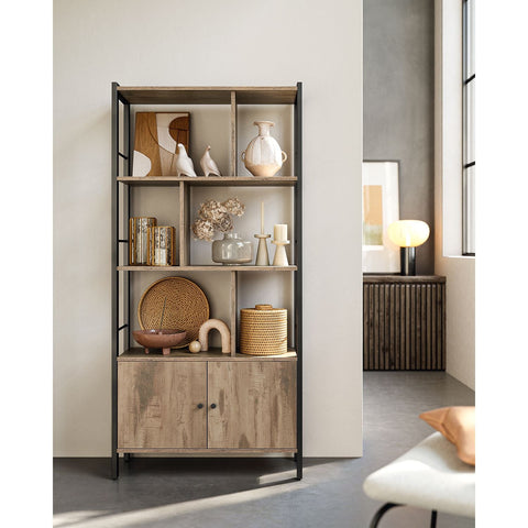 Rootz Oak Brown-Black Bookshelf - Storage Rack - Chipboard Steel - Adjustable Shelves - 30cm x 74cm x 154.5cm