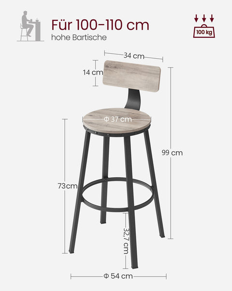 Rootz 2 Piece Set Bar Stools - Kitchen Stools - Breakfast Bar Seats - Sturdy Steel Frame - 54cm x 99cm x 37cm