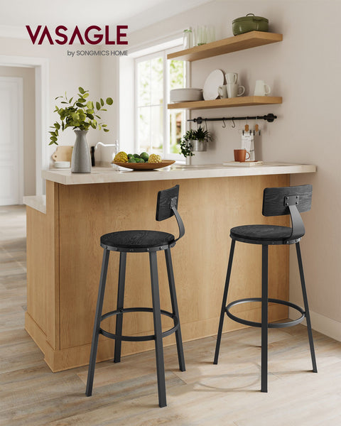 Rootz Ebony Black Bar Stools - Kitchen Stools - Counter Stools - Chipboard and Steel - 54cm x 99cm - 37cm Seat Diameter - 73cm Seat Height - 12.3kg - 100kg Max Load Capacity - Set of 2