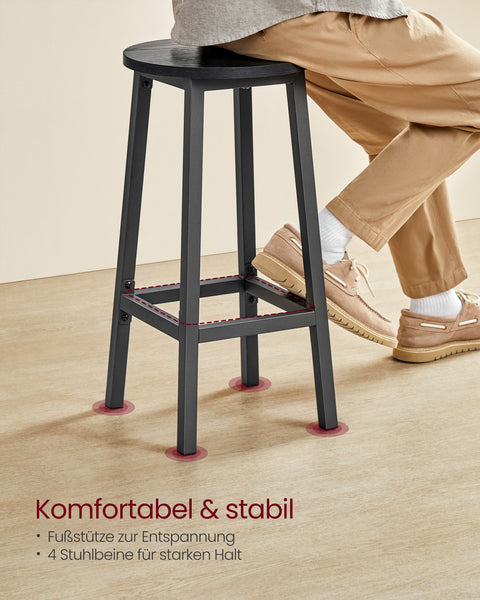 Rootz 2 Piece Set Bar Chairs - Stools - High Chairs - Chipboard and Steel - 100kg Weight Capacity - 32cm x 65cm - Ebony Black - Classic Black