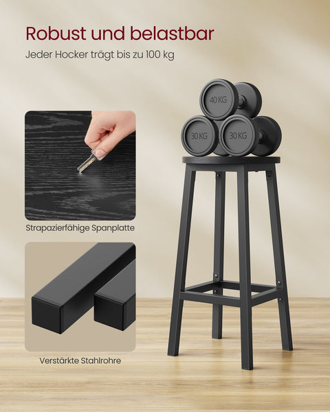 Rootz 2 Piece Set Bar Chairs - Stools - High Chairs - Chipboard and Steel - 100kg Weight Capacity - 32cm x 65cm - Ebony Black - Classic Black