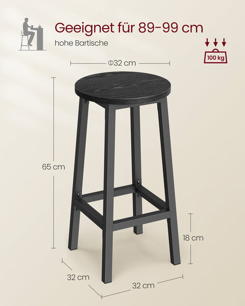 Rootz 2 Piece Set Bar Chairs - Stools - High Chairs - Chipboard and Steel - 100kg Weight Capacity - 32cm x 65cm - Ebony Black - Classic Black