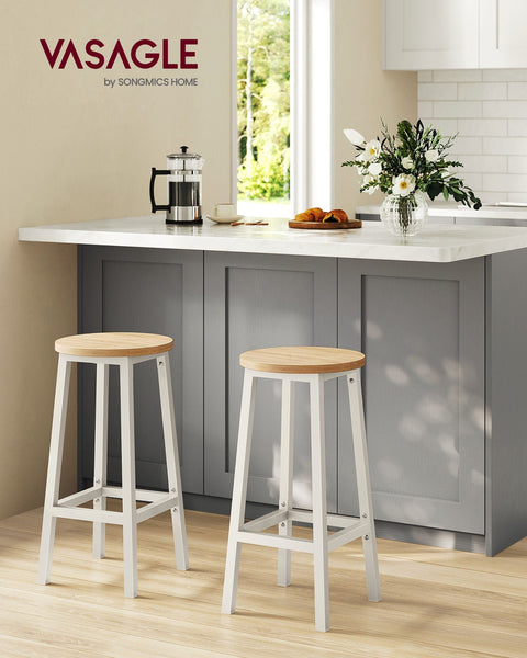 Rootz 2 Piece Set Bar Chairs - Kitchen Stools - Chipboard Steel - Oak Beige-White - 100kg Capacity - Compact Design - Easy Assembly - 32cm x 65cm