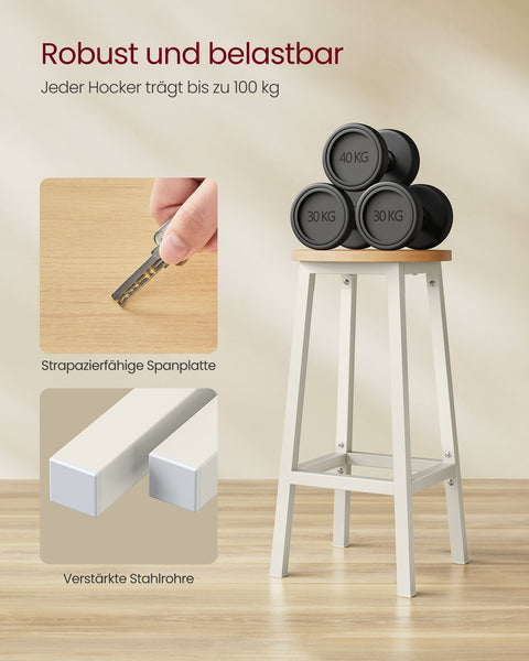 Rootz 2 Piece Set Bar Chairs - Kitchen Stools - Chipboard Steel - Oak Beige-White - 100kg Capacity - Compact Design - Easy Assembly - 32cm x 65cm