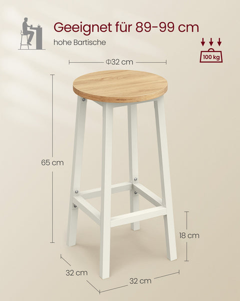 Rootz 2 Piece Set Bar Chairs - Kitchen Stools - Chipboard Steel - Oak Beige-White - 100kg Capacity - Compact Design - Easy Assembly - 32cm x 65cm