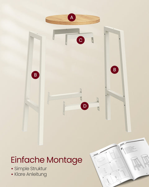 Rootz 2 Piece Set Bar Chairs - Kitchen Stools - Chipboard Steel - Oak Beige-White - 100kg Capacity - Compact Design - Easy Assembly - 32cm x 65cm