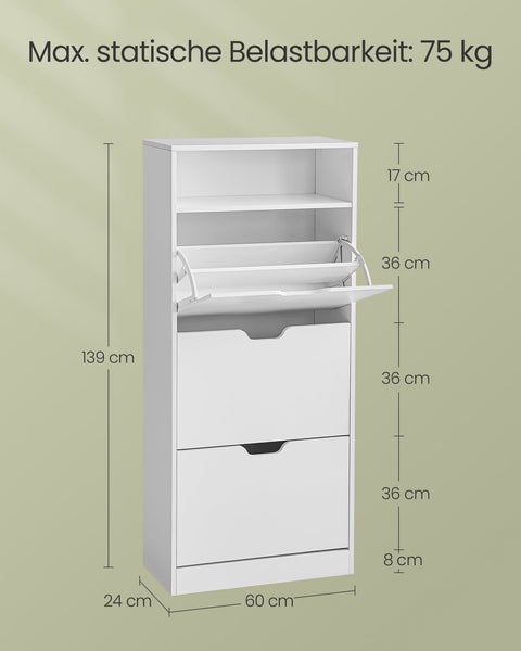 Rootz Shoe Cabinet - Footwear Organizer - Shoe Storage - 75kg Load Capacity - 24 x 60 x 139 cm - White Chipboard
