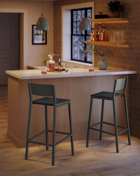 Rootz 2 Piece Set Bar Stools - Anthracite, Black - Chipboard Steel - Modern Seating - Easy Assembly - 50.7cm x 43.1cm x 97.2cm