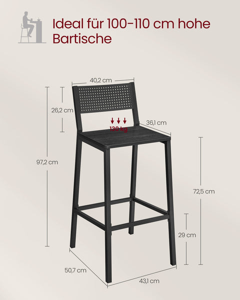 Rootz 2 Piece Set Bar Stools - Anthracite, Black - Chipboard Steel - Modern Seating - Easy Assembly - 50.7cm x 43.1cm x 97.2cm