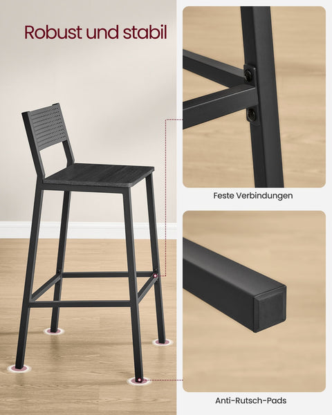Rootz 2 Piece Set Bar Stools - Anthracite, Black - Chipboard Steel - Modern Seating - Easy Assembly - 50.7cm x 43.1cm x 97.2cm