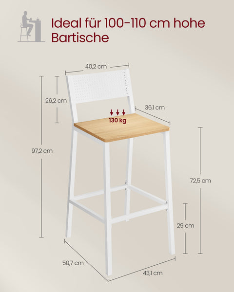 Rootz 2 Piece Set Bar Stools - Kitchen Stools - Counter Height Chairs - Chipboard and Steel - 50.7cm x 43.1cm x 97.2cm