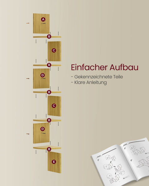 Rootz Wall Shelf - 5 Levels - Book Storage - Brown - Chipboard - 20cm x 20cm x 126cm