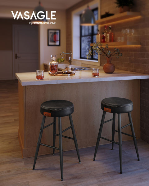 Rootz 2 Piece Set Bar Chairs - Kitchen Stools - Counter Height Chairs - Steel Frame - Highly Elastic Foam - PU Synthetic Leather - Plywood - 49.5cm x 49.5cm x 63cm - Basic Black - 7.3kg - Max. 120kg Capacity
