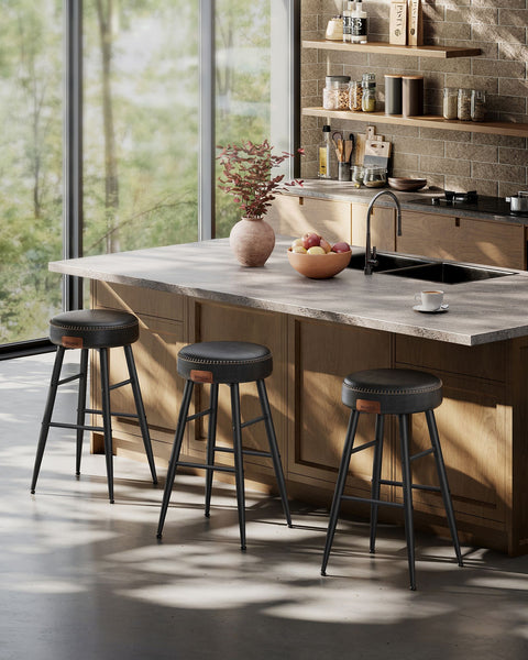 Rootz 2 Piece Set Bar Chairs - Kitchen Stools - Counter Height Chairs - Steel Frame - Highly Elastic Foam - PU Synthetic Leather - Plywood - Basic Black - 49.5cm x 49.5cm x 63cm