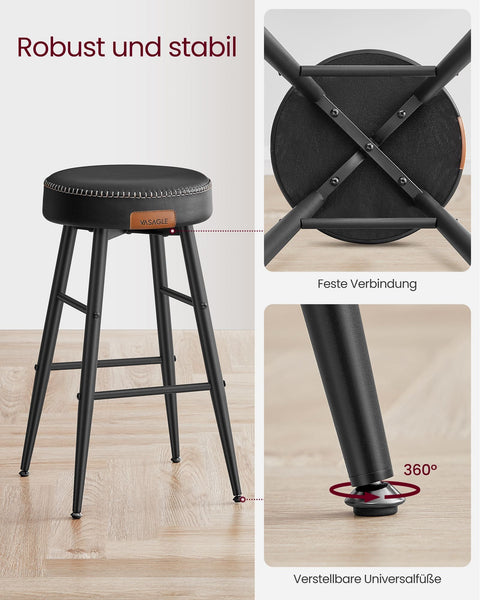 Rootz 2 Piece Set Bar Chairs - Kitchen Stools - Counter Height Chairs - Steel Frame - Highly Elastic Foam - PU Synthetic Leather - Plywood - 49.5cm x 49.5cm x 63cm - Basic Black - 7.3kg - Max. 120kg Capacity