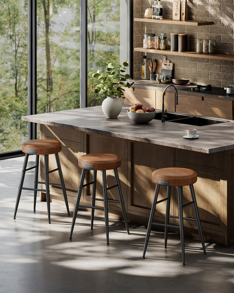 Rootz 2 Piece Set Bar Chairs - Kitchen Stools - Counter Height Chairs - Steel Frame - Highly Elastic Foam - PU Synthetic Leather - Plywood - 49.5cm x 49.5cm x 63cm