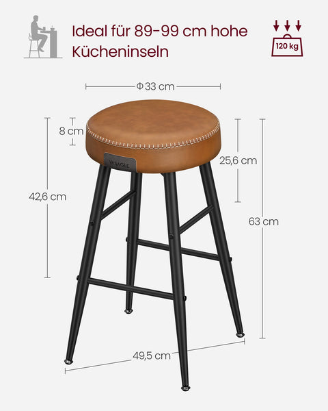 Rootz 2 Piece Set Bar Chairs - Kitchen Stools - Counter Height Chairs - Steel Frame - Highly Elastic Foam - PU Synthetic Leather - Plywood - 49.5cm x 49.5cm x 63cm