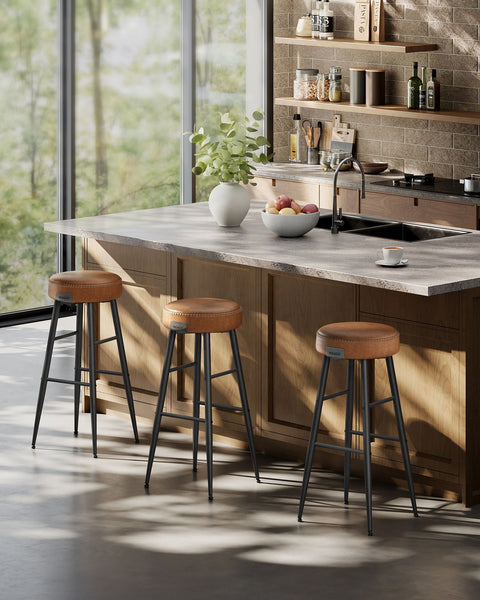 Rootz 4 Piece Set Bar Chairs - Kitchen Stools - Counter Height Chairs - Steel Frame - 58D Molded Foam - PU Synthetic Leather - Plywood - Caramel Brown - 51.6cm x 51.6cm x 76.2cm