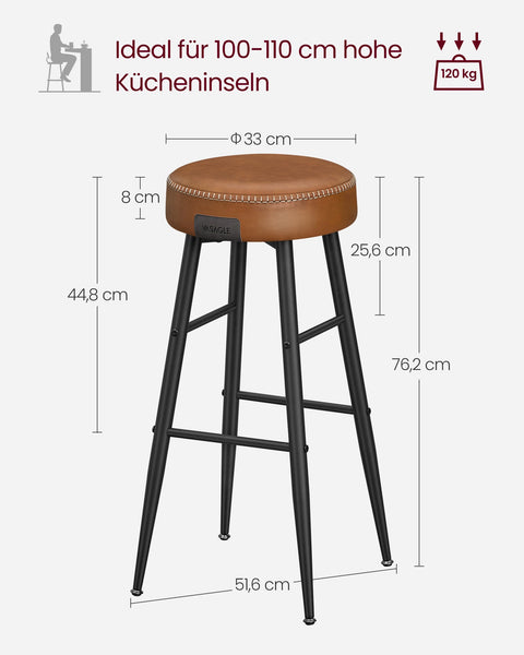 Rootz 4 Piece Set Bar Chairs - Kitchen Stools - Counter Height Chairs - Steel Frame - 58D Molded Foam - PU Synthetic Leather - Plywood - Caramel Brown - 51.6cm x 51.6cm x 76.2cm