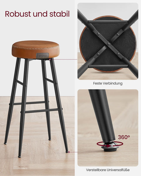 Rootz 4 Piece Set Bar Chairs - Kitchen Stools - Counter Height Chairs - Steel Frame - 58D Molded Foam - PU Synthetic Leather - Plywood - Caramel Brown - 51.6cm x 51.6cm x 76.2cm