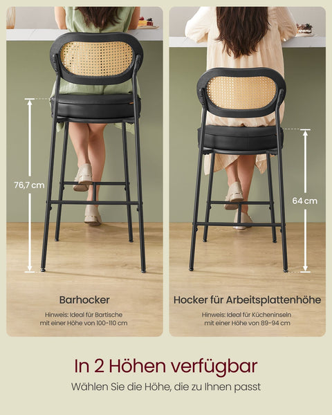 Rootz 2 Piece Set Bar Stool - High Stool - Kitchen Breakfast Chair - Curved Backrest - Black Ink - 89cm x 44.5cm x 27.5cm