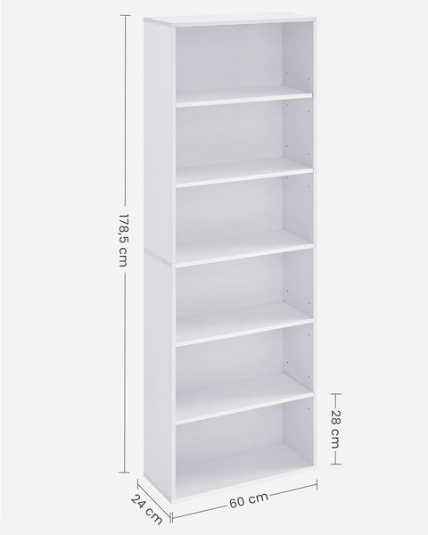 Rootz Chipboard Stand Shelf - Bookcase - Storage Rack - White - 24cm x 60cm x 178.5cm - Heavy Duty - Easy Assembly - Stylish Design