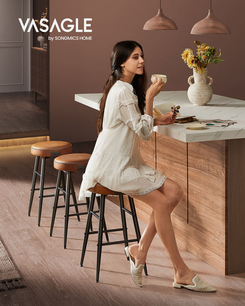 Rootz 4 Piece Set Bar Chairs - Kitchen Stools - Counter Height Chairs - Steel Frame - 49.5cm x 49.5cm x 63cm - Caramel Brown - PU Leather - Lightweight - Sturdy - Easy Assembly