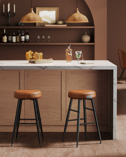Rootz 4 Piece Set Bar Chairs - Kitchen Stools - Counter Height Chairs - Steel Frame - 49.5cm x 49.5cm x 63cm - Caramel Brown - PU Leather - Lightweight - Sturdy - Easy Assembly
