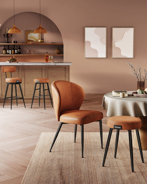 Rootz 4 Piece Set Bar Chairs - Kitchen Stools - Counter Height Chairs - Steel Frame - 49.5cm x 49.5cm x 63cm - Caramel Brown - PU Leather - Lightweight - Sturdy - Easy Assembly