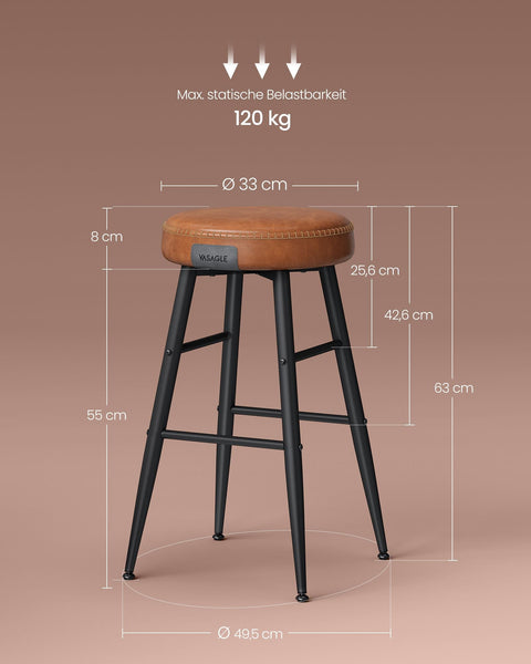 Rootz 4 Piece Set Bar Chairs - Kitchen Stools - Counter Height Chairs - Steel Frame - 49.5cm x 49.5cm x 63cm - Caramel Brown - PU Leather - Lightweight - Sturdy - Easy Assembly