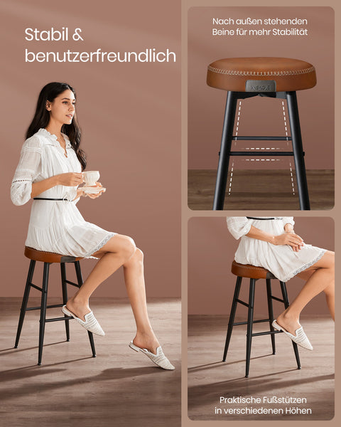 Rootz 4 Piece Set Bar Chairs - Kitchen Stools - Counter Height Chairs - Steel Frame - 49.5cm x 49.5cm x 63cm - Caramel Brown - PU Leather - Lightweight - Sturdy - Easy Assembly