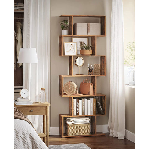 Rootz 6 Tier Bookshelf - Standing File Shelf - S-Style Bookcase - Chipboard Construction - Dark Brown Finish - 70cm x 24cm x 190.5cm