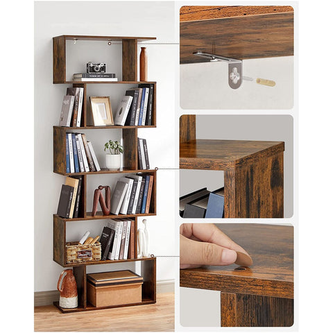 Rootz 6 Tier Bookshelf - Standing File Shelf - S-Style Bookcase - Chipboard Construction - Dark Brown Finish - 70cm x 24cm x 190.5cm