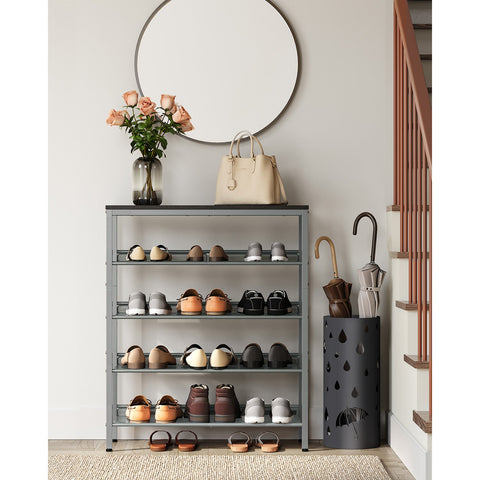 Rootz Shoe Rack Organizer - Black-Silver Shoe Stand - Chipboard Steel Shoe Storage - Space Saving Shoe Shelf - 28cm x 75cm x 93cm