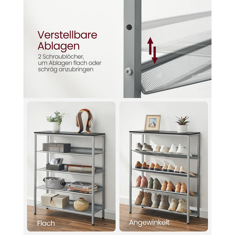 Rootz Shoe Rack Organizer - Black-Silver Shoe Stand - Chipboard Steel Shoe Storage - Space Saving Shoe Shelf - 28cm x 75cm x 93cm