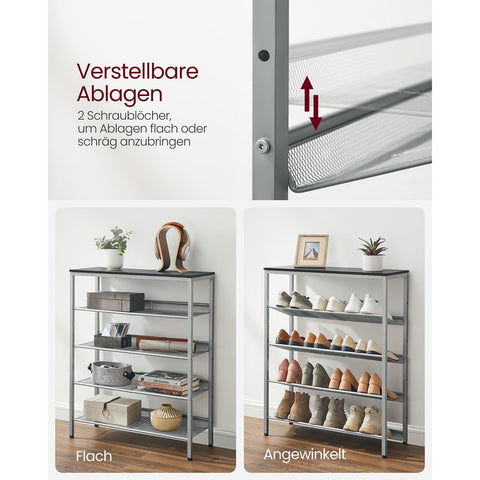 Rootz 5 Tier Shoe Rack - Footwear Storage - Shoe Organizer - Industrial Style - 28cm x 75cm x 93cm