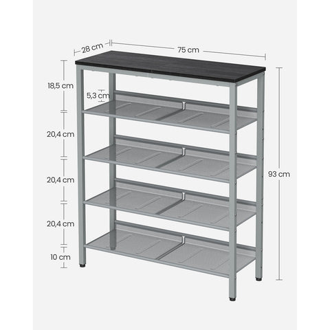 Rootz 5 Tier Shoe Rack - Footwear Storage - Shoe Organizer - Industrial Style - 28cm x 75cm x 93cm