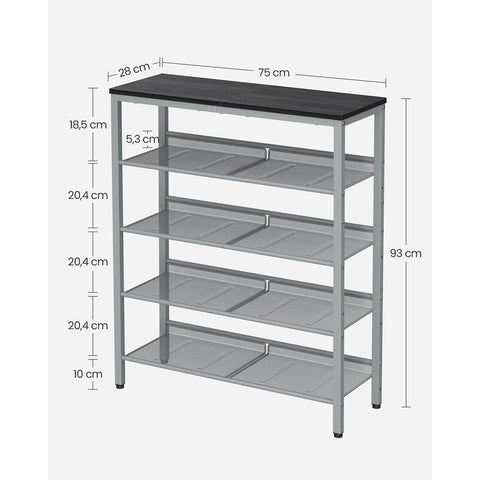 Rootz Shoe Rack Organizer - Black-Silver Shoe Stand - Chipboard Steel Shoe Storage - Space Saving Shoe Shelf - 28cm x 75cm x 93cm