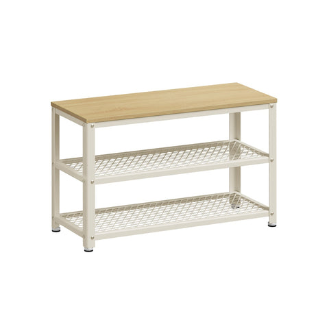 Rootz Shoe Bench with 2 Grid Shelves - Footwear Storage Rack - Shoe Organizer - Durable Chipboard - 30cm x 73cm x 45cm - Brown- White
