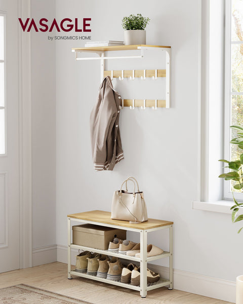 Rootz Shoe Bench Organizer - Entryway Storage Rack - Chipboard Steel - Oak Beige Classic White - 30cm x 73cm x 45cm - Max Load 90kg - Easy Assembly