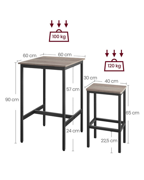 Rootz Bar Table and Chairs Set - Kitchen Dining Set - High Table and Stools - Space-Saving Design - Table: 60x60x90cm, Stool: 30x40x65cm