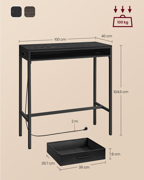Rootz Bar Table with Charging Station - Entertainment Stand - Desk - Ebony Black - Chipboard and Steel - 40cm x 99.8cm x 104.6cm - 19.6kg