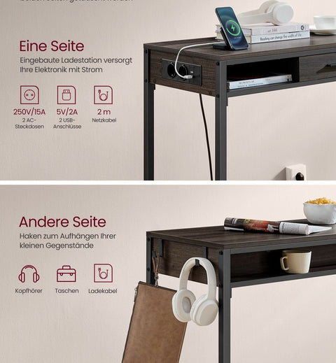 Rootz Bar Table with Charging Station - High Table - Desk - Ash Brown - Chipboard, Steel - 40cm x 99.8cm x 104.6cm