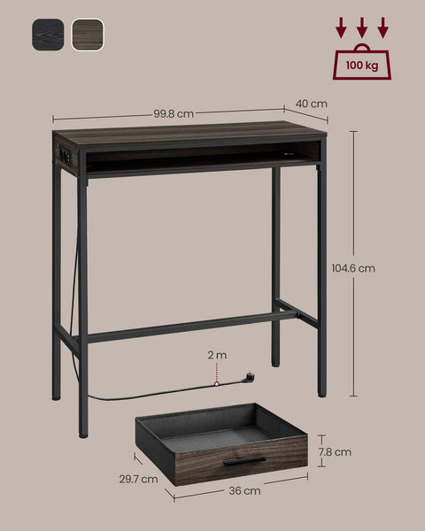 Rootz Bar Table with Charging Station - High Table - Desk - Ash Brown - Chipboard, Steel - 40cm x 99.8cm x 104.6cm